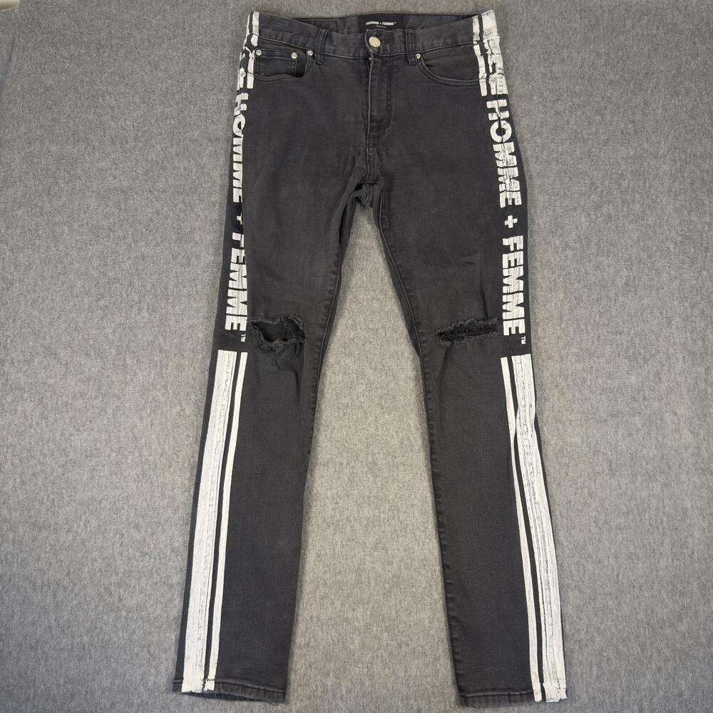 Homme + Femme Jeans Mens 32x32 Gray Side Stripe Logo Distressed Skinny Denim
